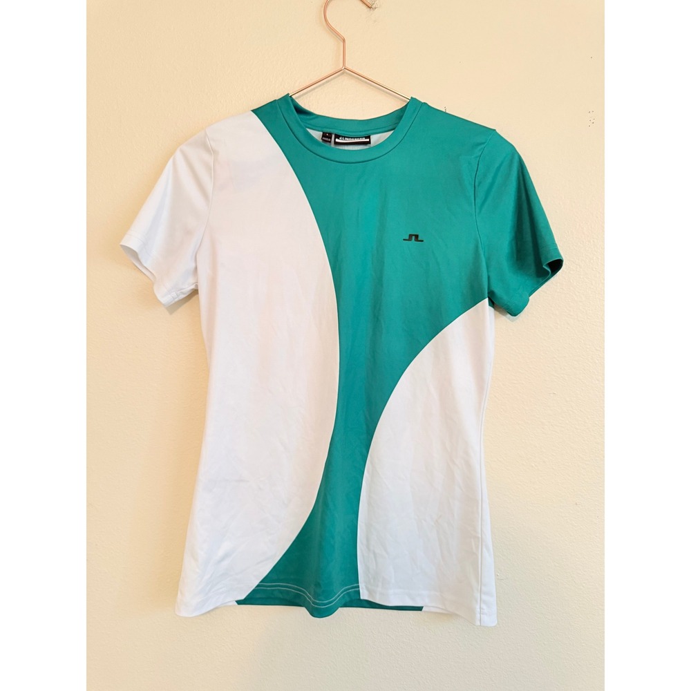 J.Lindeberg Golf Top Womens Small Teal White Colorblock Wave Athletic Tee Logo